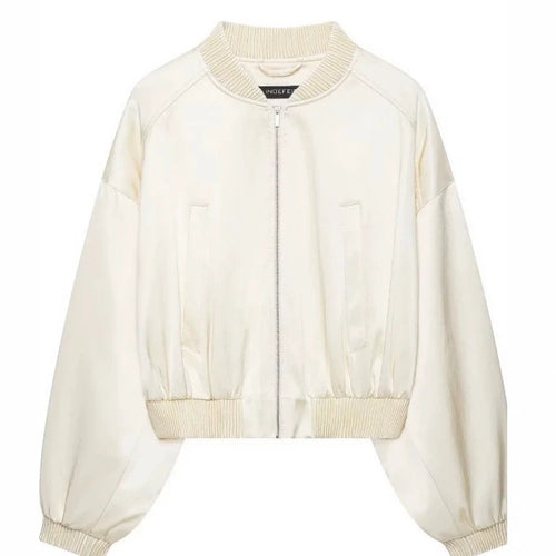 Damen Leichte Cropped Bomberjacke aus Satinoptik mit Rippenbündchen und überschnittener Schulter Drune