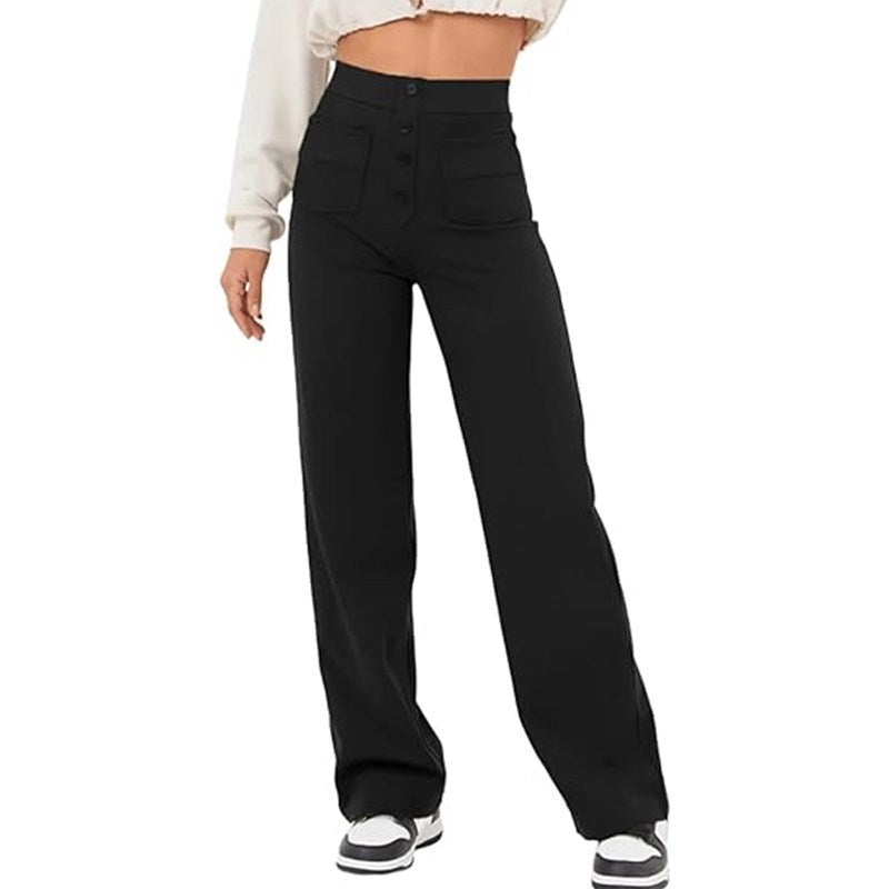 Damen elegante High-Waist Lounge-Hose mit großen Taschen und Knopfverschluss Drune