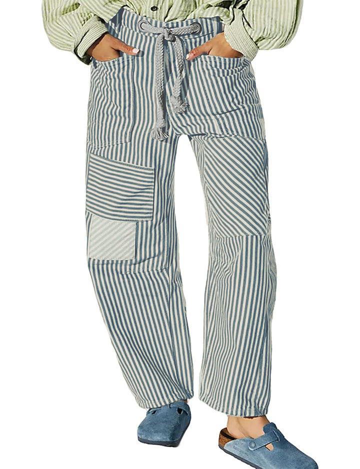 Damen nan lässige gestreifte Leinenhose mit Kordelzug und aufgesetzten Taschen Drune