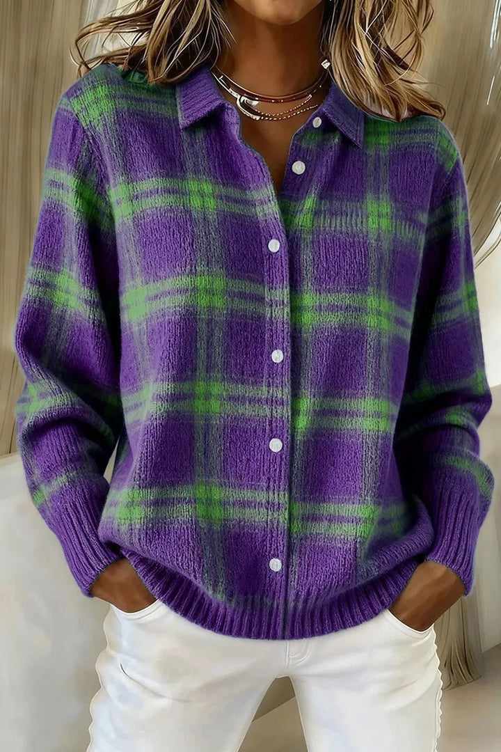 Damen Kariertes Strick-Hemdjacke-Cardigan mit Hemdkragen und gerippten Bündchen Drune