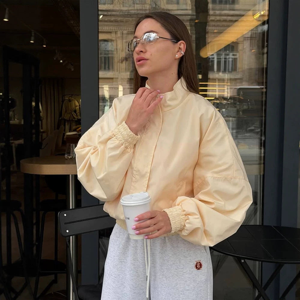 Damen Oversize Cropped Bomberjacke mit Stehkragen und Reißverschluss Drune