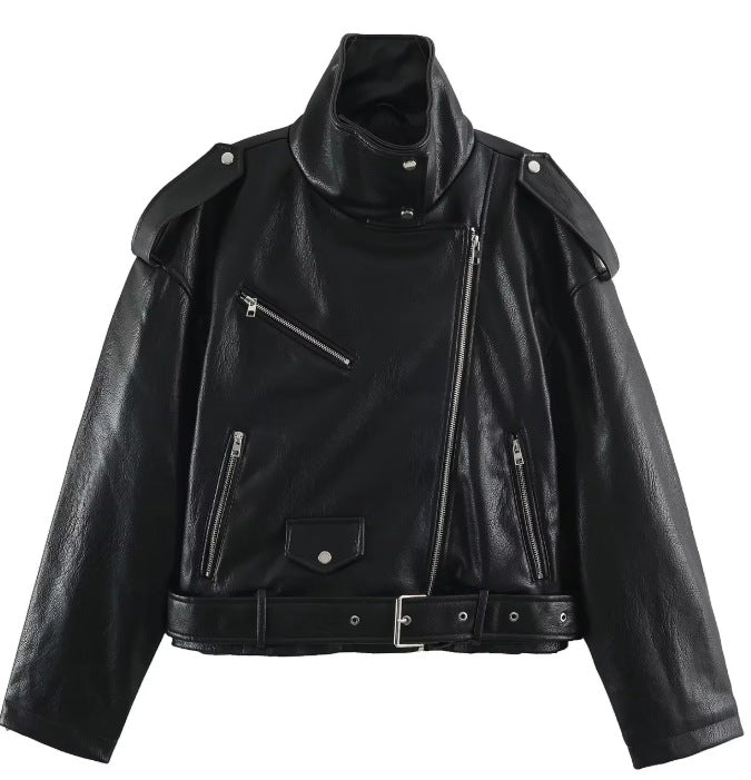 Damen Kurz geschnittene Bikerjacke aus Kunstleder mit asymmetrischem Reißverschluss, Stehkragen und Schulterklappen Drune