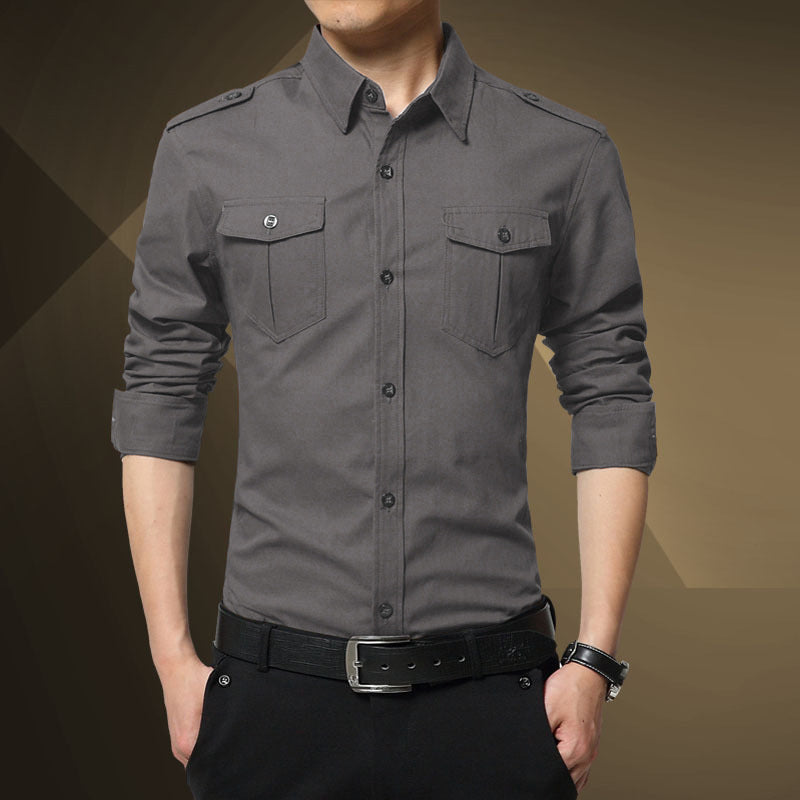 Herren Slim-Fit Baumwoll-Mix Utility-Hemd mit Schulterklappen und Brustpattentaschen Drune