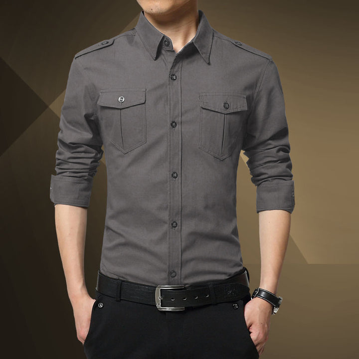 Herren Slim-Fit Baumwoll-Mix Utility-Hemd mit Schulterklappen und Brustpattentaschen Drune