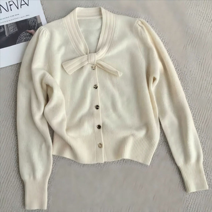 Damen elegante Strickjacke mit Schleifenakzent und hochwertigen Knöpfen Drune
