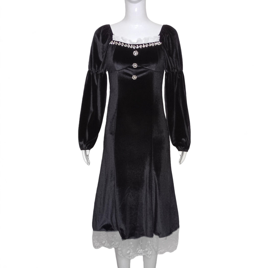 Damen Samt‑Midikleid mit quadratischem Ausschnitt, Puffärmeln und Spitzenuntertritt Drune