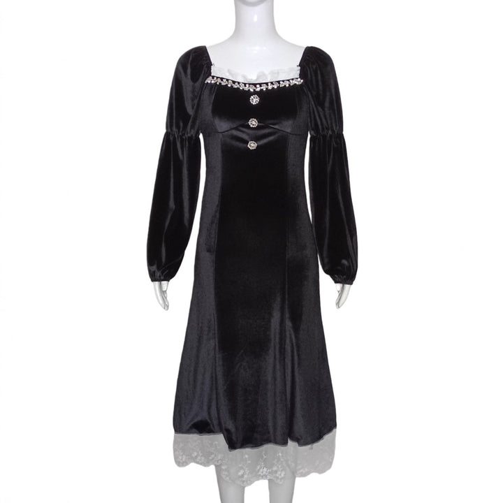 Damen Samt‑Midikleid mit quadratischem Ausschnitt, Puffärmeln und Spitzenuntertritt Drune