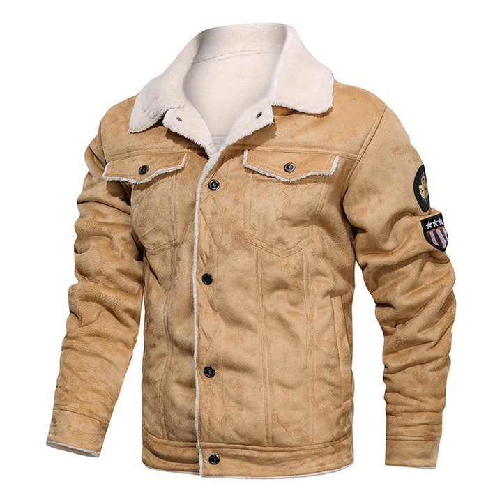Herren Lammfellimitat Truckerjacke mit Kunstfellfutter und Abzeichen Drune