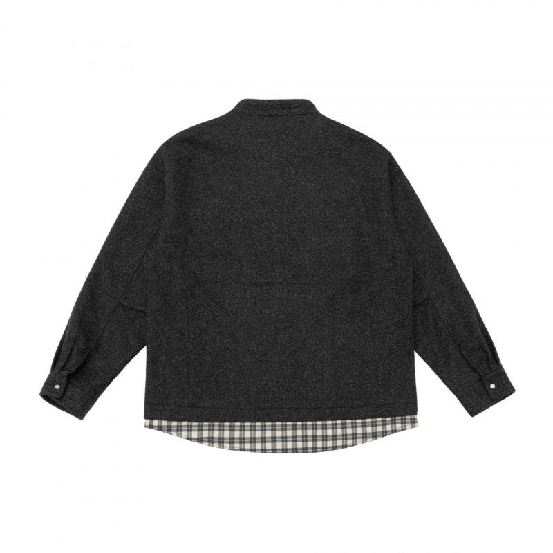 Unisex Oversize Wollmix-Hemdjacke mit Stehkragen, Druckknopfleiste und karierter Saumblende Drune