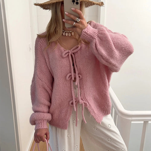 Damen Grobgestrickter Offener Cardigan mit Bindebändern, Oversize‑Silhouette und Raglanärmeln Drune