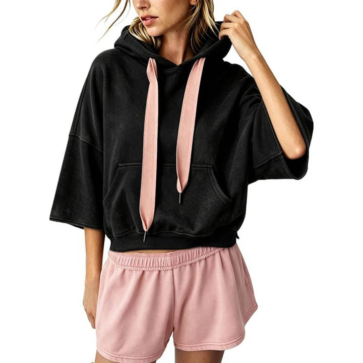 Damen Cropped Kapuzenpullover mit 3/4-Ärmeln und Kängurutasche Drune