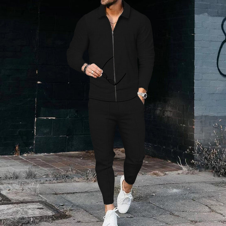 Herren nan leichter Waffelstruktur-Jogginganzug mit Hemdkragen, verdecktem Reißverschluss und Kordelzughose Drune