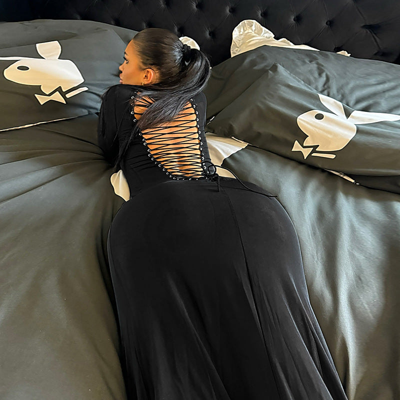 Damen Figurbetontes Maxikleid aus Stretch-Jersey mit langen Ärmeln und rundem Ausschnitt Drune