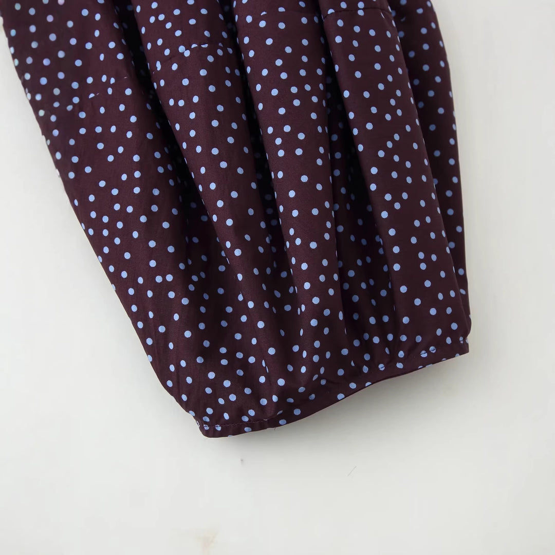 Damen Gesmoktes Polka-Dot-Blusenshirt mit Ballonärmeln Drune