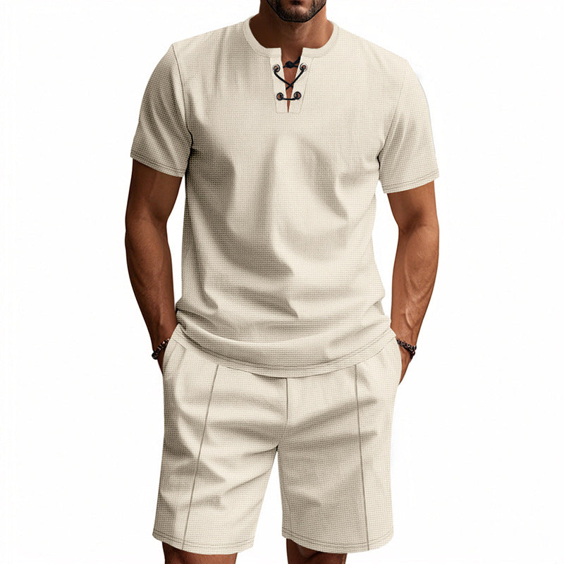 Herren nan kurzärmeliges Schnürkragen-Shirt im Waffeljersey mit Bundfalten-Bermuda Drune