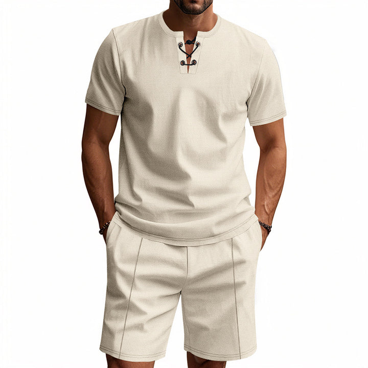 Herren nan kurzärmeliges Schnürkragen-Shirt im Waffeljersey mit Bundfalten-Bermuda Drune