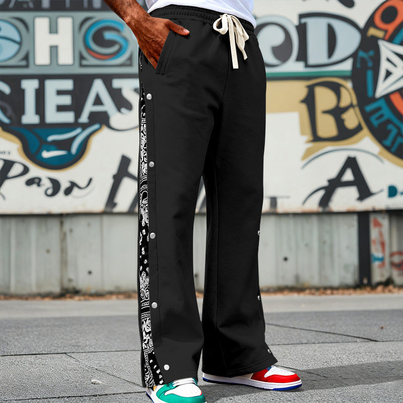 Herren Weite Snap-Trackhose mit Tunnelzug, seitlicher Bandana-Blende und Druckknopfleiste Drune