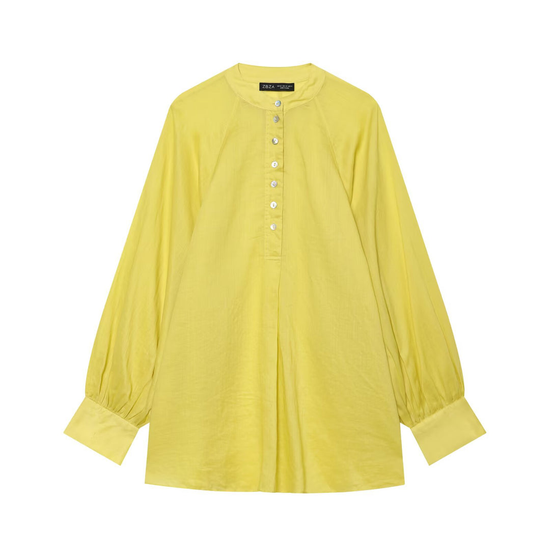 Damen Oversize-Bluse mit Stehkragen, durchgehender Knopfleiste und ballonärmeln Drune