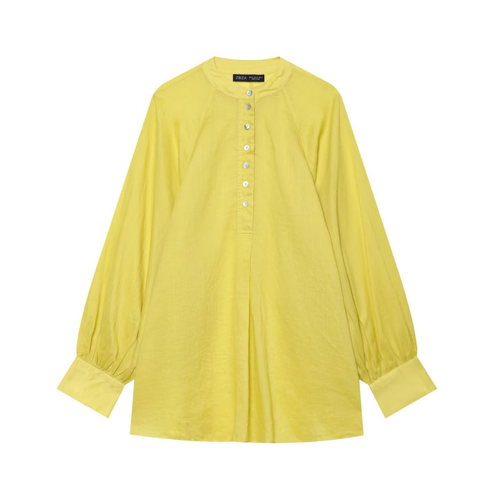 Damen Oversize-Bluse mit Stehkragen, durchgehender Knopfleiste und ballonärmeln Drune