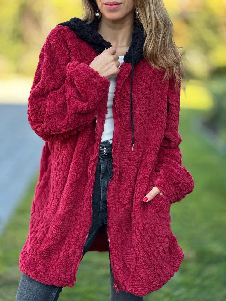 Drune | Lange Weinlese Kapuzen Fell Reißverschluss Gestrickte Jacke