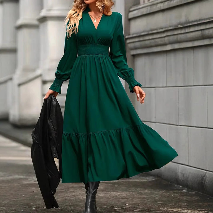 Damen Maxikleid mit elegantem V-Ausschnitt und voluminösen Ärmeln Drune