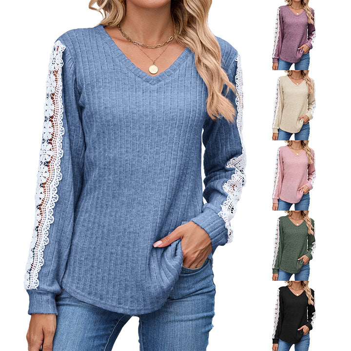 Damen Relaxed Fit V-Ausschnitt Pullover mit Spitzenakzenten Drune