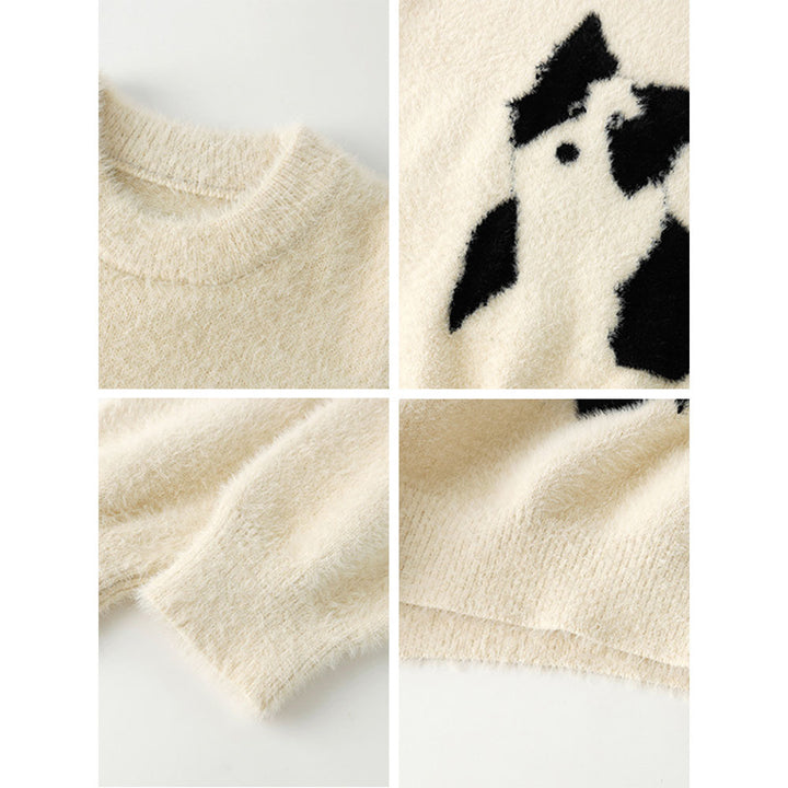 Damen Gemütlicher Grobstrickpullover mit Hundemotiv Drune