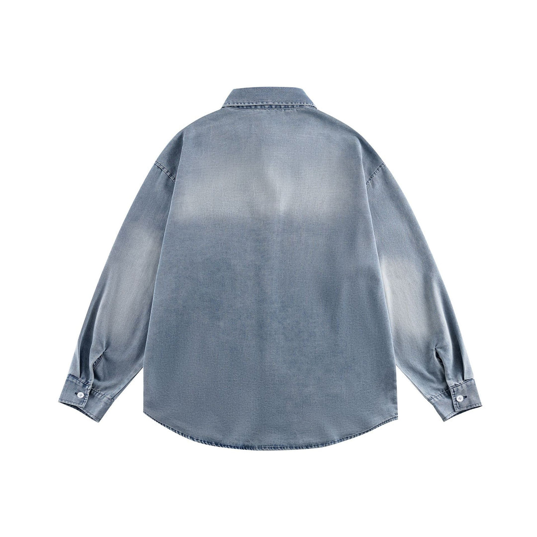 Unisex Oversize Denim-Hemdjacke mit gerundetem Saum und gesticktem Brustmotiv Drune