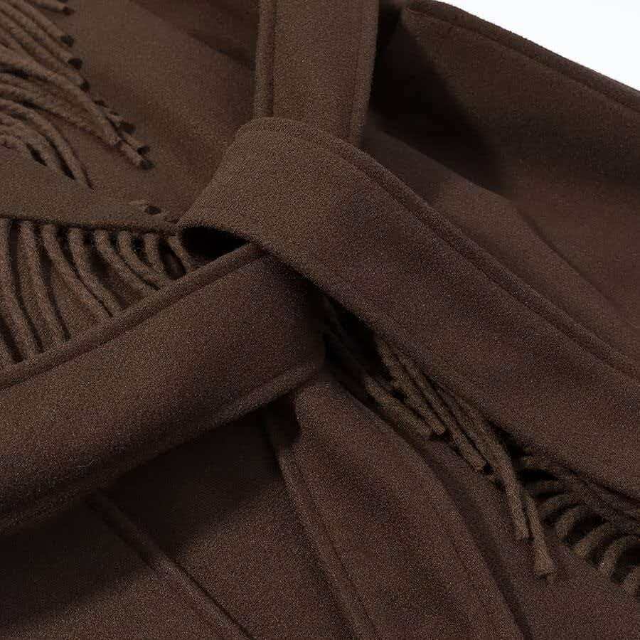 Damen Langer Fransen-Wollmix-Mantel mit Kapuze, Bindegürtel und aufgesetzten Taschen Drune