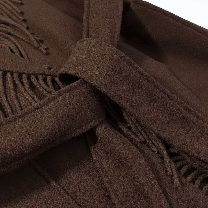 Damen Langer Fransen-Wollmix-Mantel mit Kapuze, Bindegürtel und aufgesetzten Taschen Drune