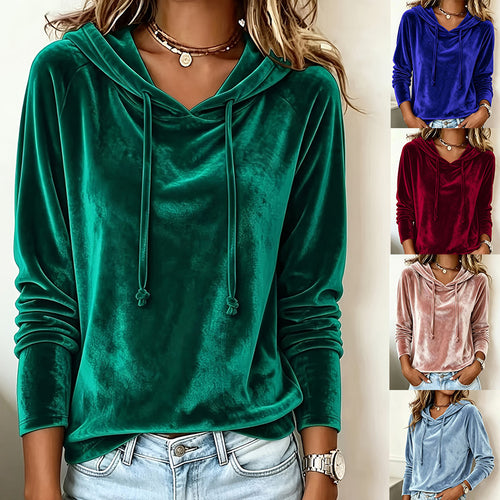 Damen Samt-Hoodie mit Kapuze Kordelzug und legerem Schnitt Drune