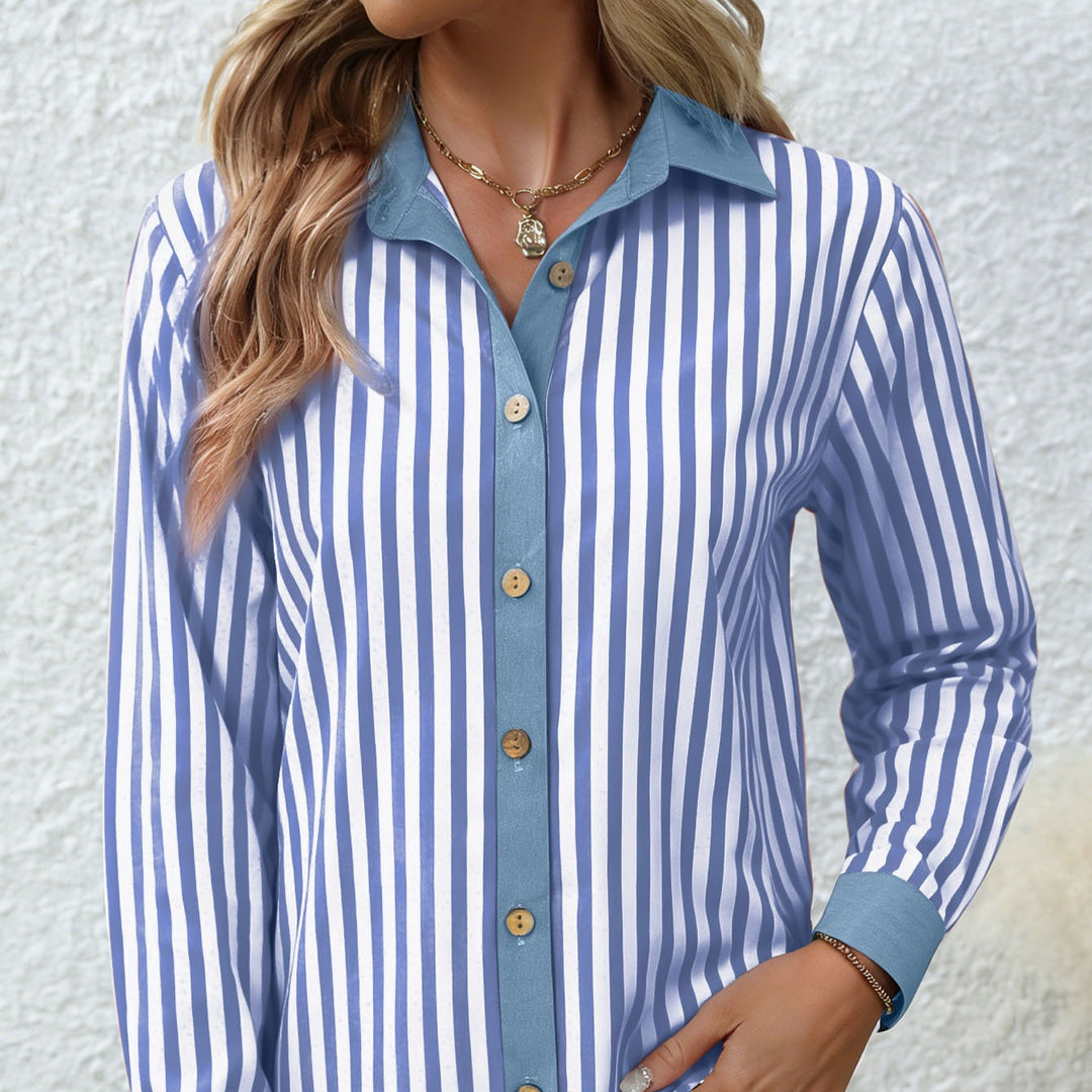 Damen Gestreifte Bluse mit Knotenfront, Kontrastkragen und knöpfbarer Hemdleiste Drune