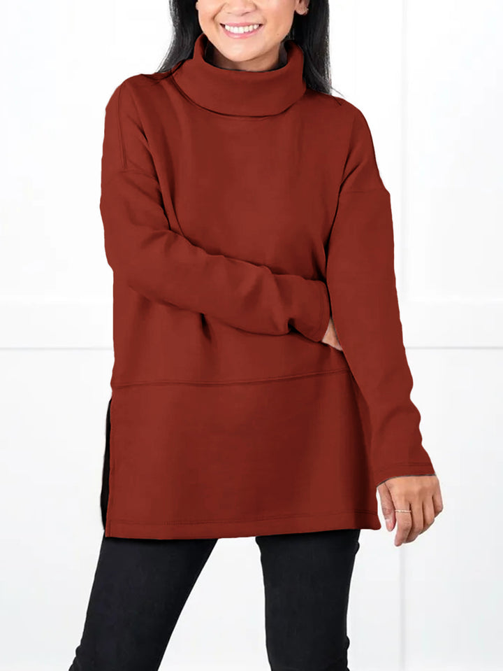 Damen Oversize Sweat-Tunika mit hohem Rollkragen, seitlichen Schlitzen und verlängertem Saum Drune