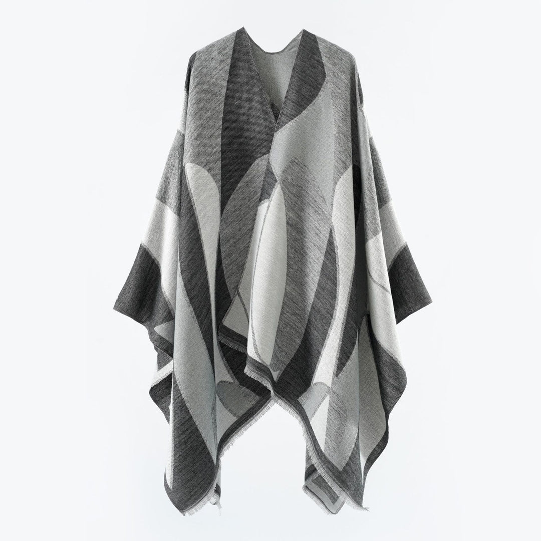 Damen Oversize-Poncho mit V-Ausschnitt und geometrischem Jacquard-Design Drune