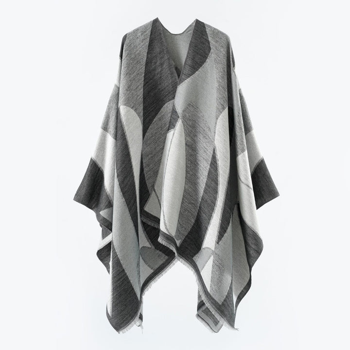 Damen Oversize-Poncho mit V-Ausschnitt und geometrischem Jacquard-Design Drune