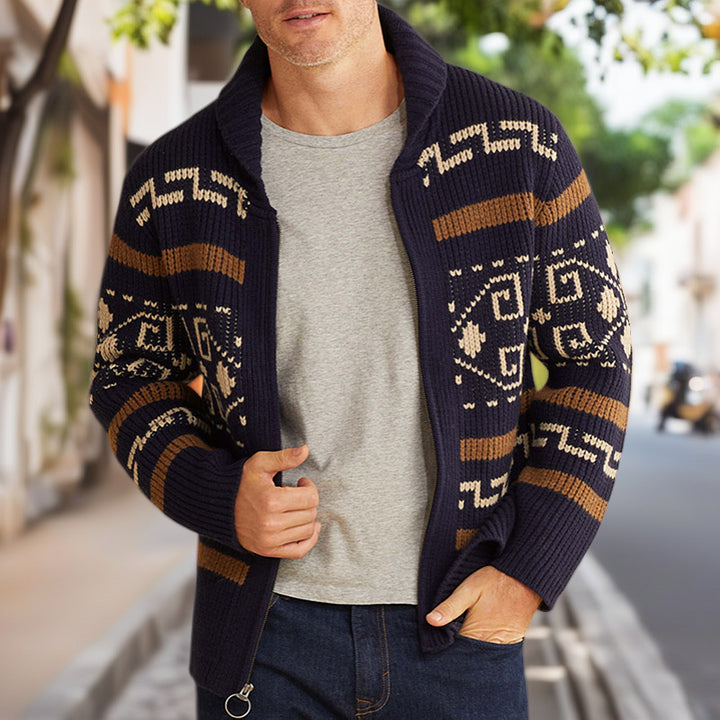 Herren Strickjacke mit kunstvollem Muster und hohem Kragen Drune