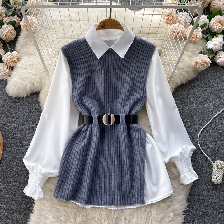 Damen Lagenlook-Bluse mit Rippstrick-Überwurf und Taillengürtel Drune