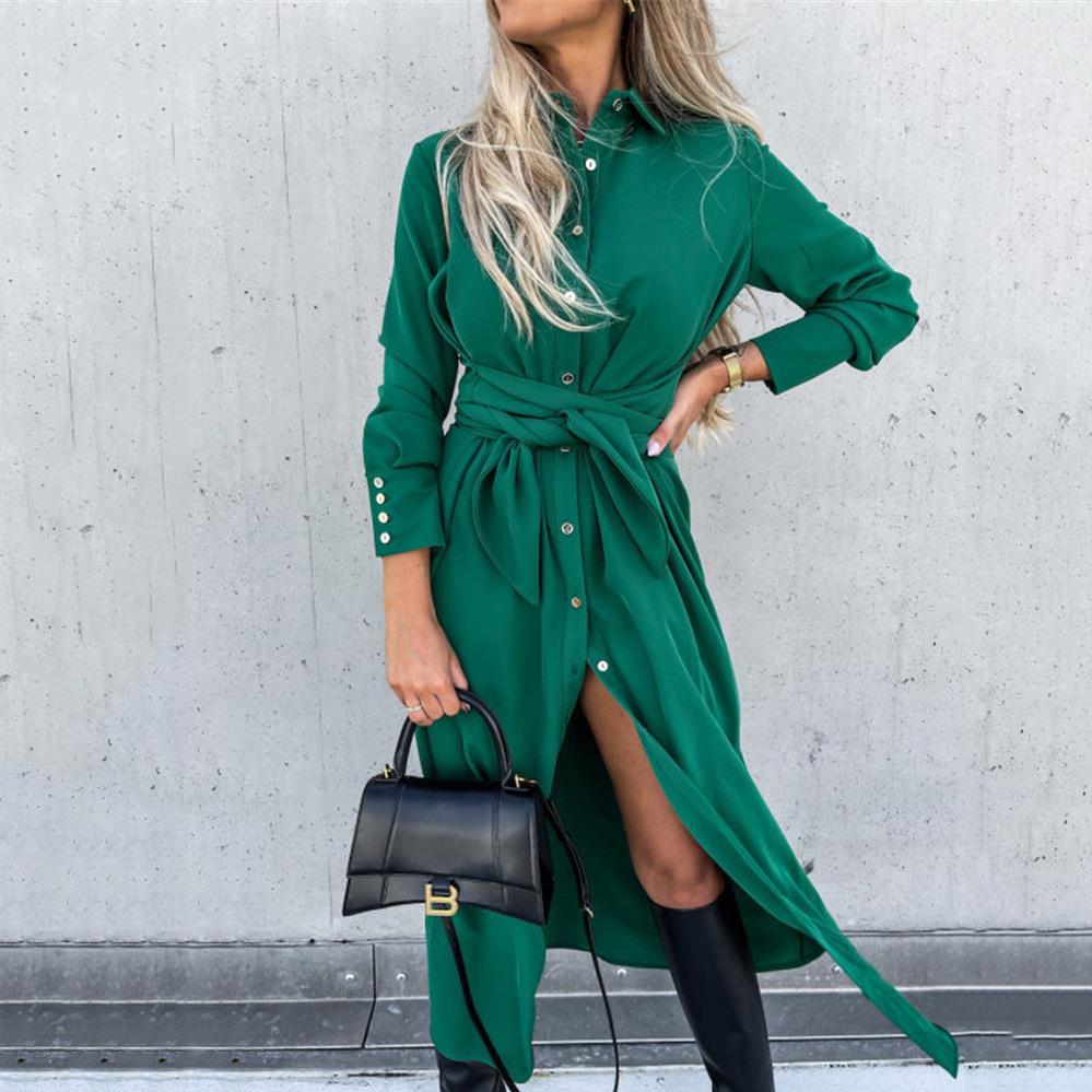 Damen Tailliertes Hemdblusen-Midikleid mit Bindegürtel, Manschetten und Frontschlitz Drune