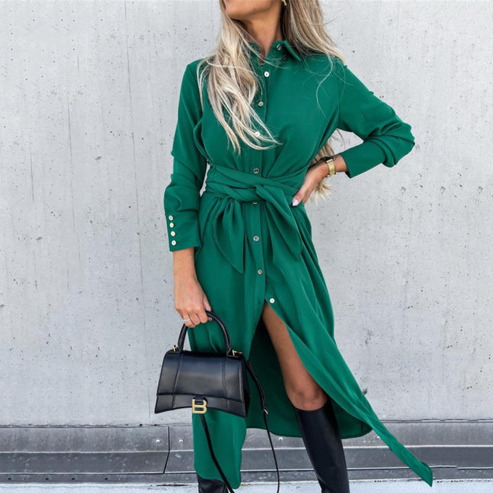Damen Tailliertes Hemdblusen-Midikleid mit Bindegürtel, Manschetten und Frontschlitz Drune