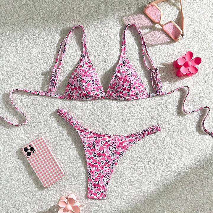 Damen Triangel-Bikini mit buntem Blumendesign und verstellbaren Trägern Drune