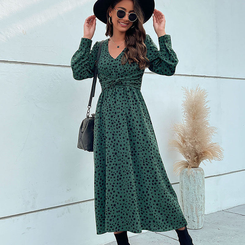 Damen Midikleid im Retro-Pünktchen-Design mit Wickeloptik, V-Ausschnitt und tailliertem Bindegürtel Drune