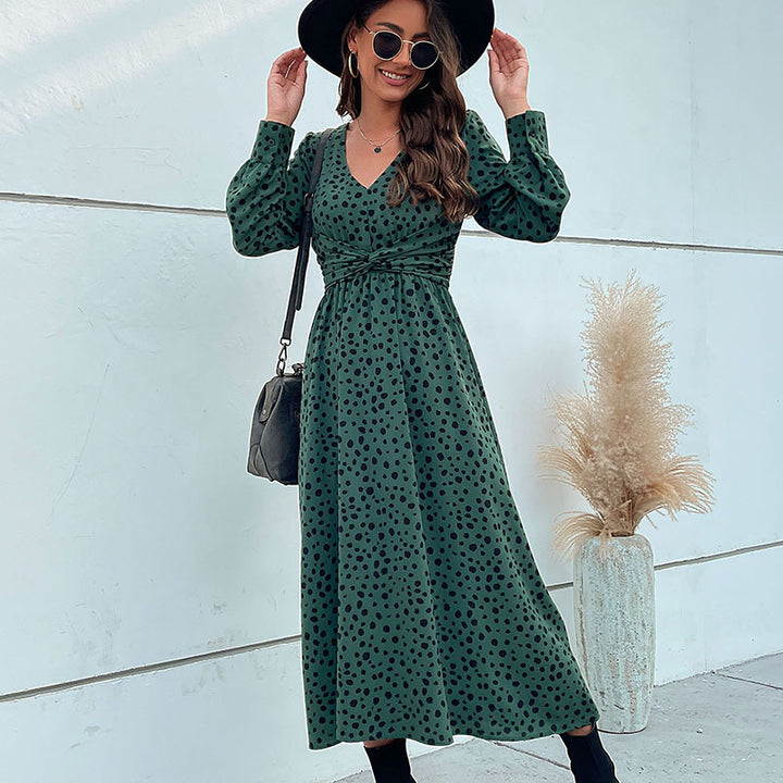 Damen Midikleid im Retro-Pünktchen-Design mit Wickeloptik, V-Ausschnitt und tailliertem Bindegürtel Drune