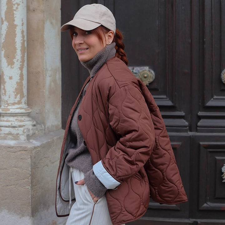 Damen gesteppte Übergangsjacke mit runder Steppung, Boxy‑Silhouette und Druckknopfleiste Drune