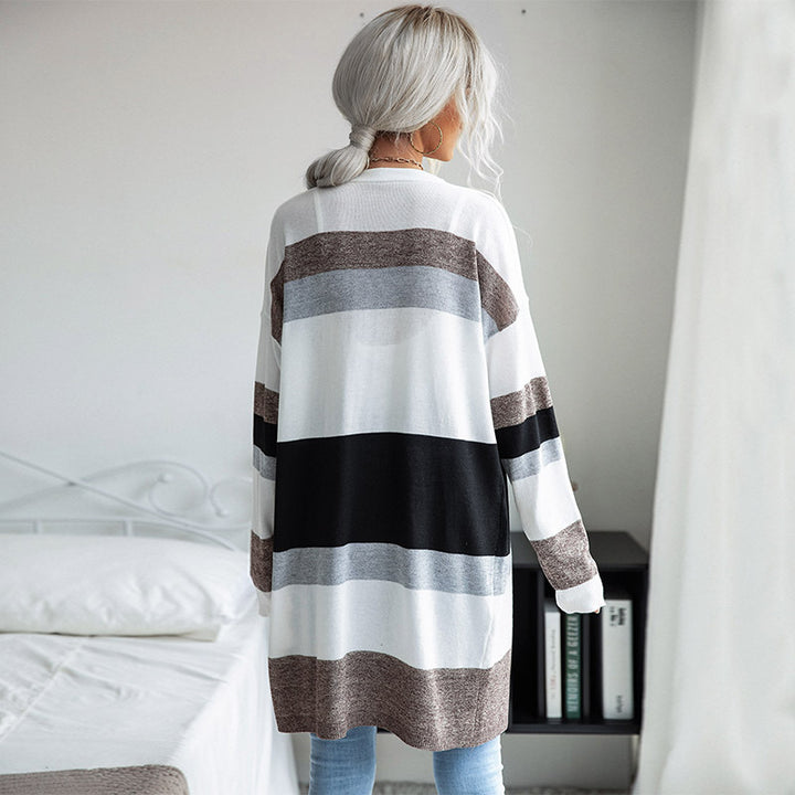 Damen Oversize Langer Strickcardigan mit Blockstreifen und offener Front Drune