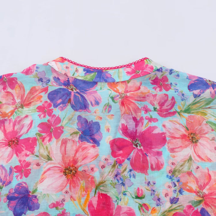 Damen Leichte Bluse im Aquarell-Floralmuster mit Stehkragen und dreiviertelärmeln Drune
