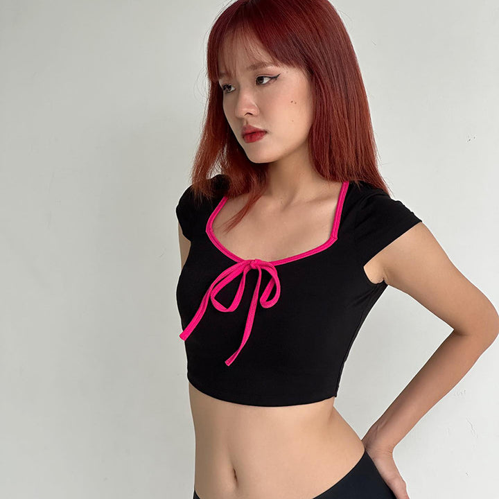 Damen cropped T-Shirt mit dekorativem Bindeband Drune