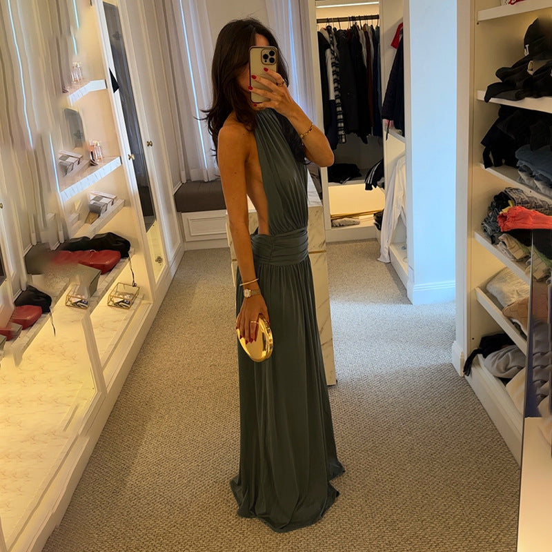 Damen Elegantes Maxikleid mit hohem Kragen und fließendem Stoff Drune