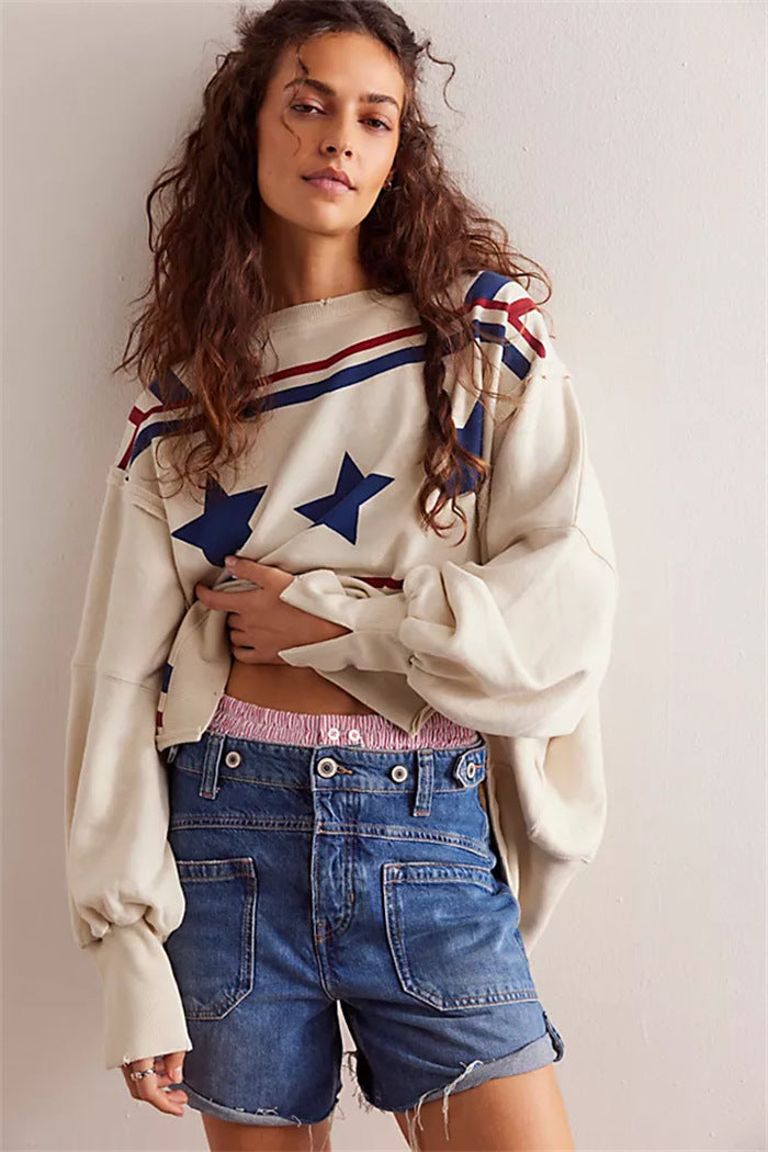 Damen oversized Sweatshirt mit Rüben-Print, ausgefransten Nahtakzenten und Daumenlochärmeln Drune