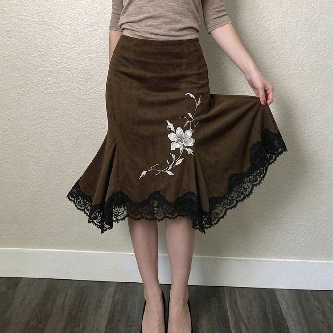 Damen Midirock aus Velourslederimitat mit floraler Stickerei und Spitzenbesatz Drune
