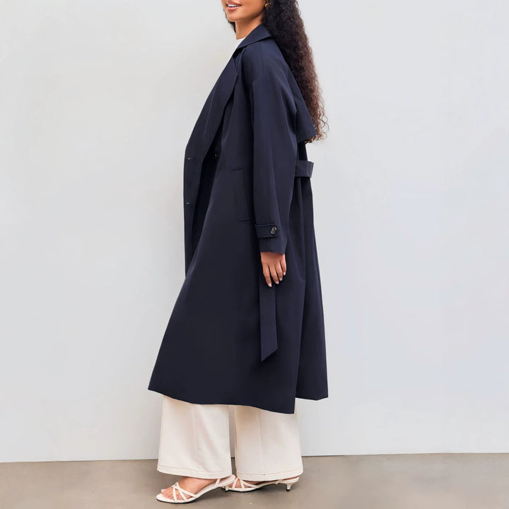 Damen Langer Trenchcoat-Mantel mit weiter Silhouette, Reverskragen und Taillengürtel Drune